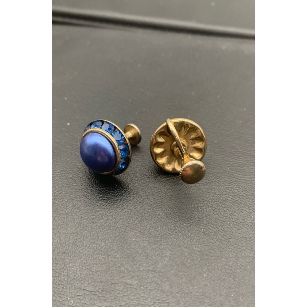 Vintage Blue Cabochon And Rhinestone Round Screw Back Earrings - Picture 4 of 4